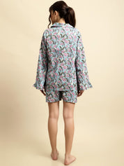 Sky Blue & Purple Sanganeri Floral Print 3-Piece Co-ord Set