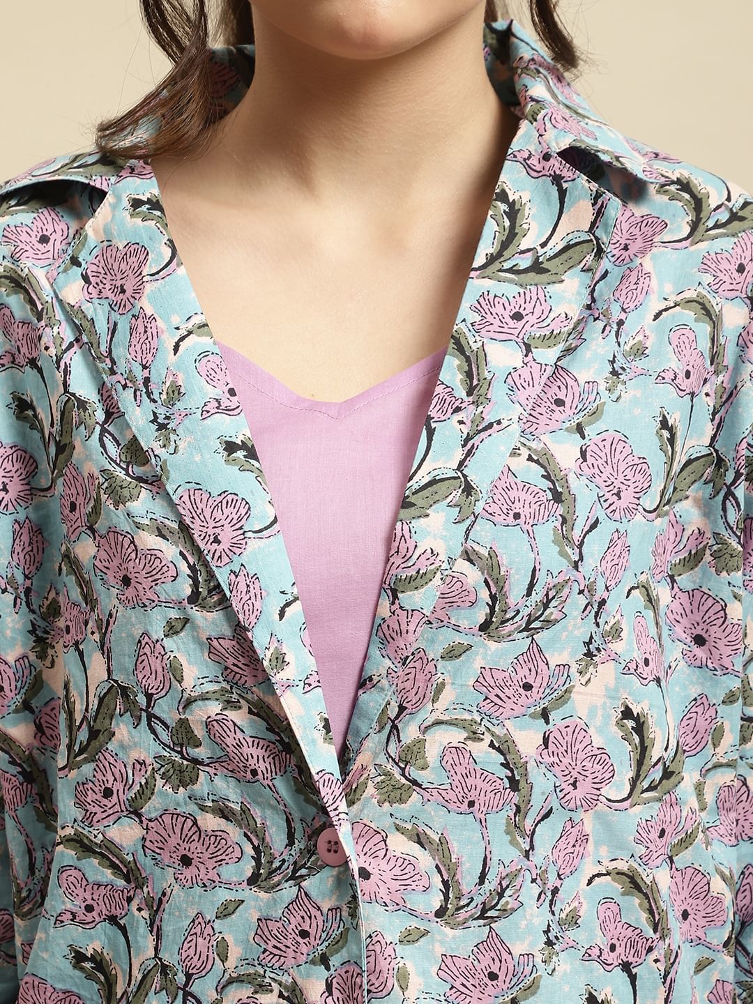 Sky Blue & Purple Sanganeri Floral Print 3-Piece Co-ord Set