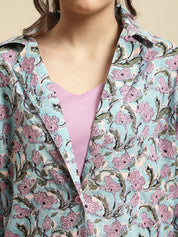 Sky Blue & Purple Sanganeri Floral Print 3-Piece Co-ord Set