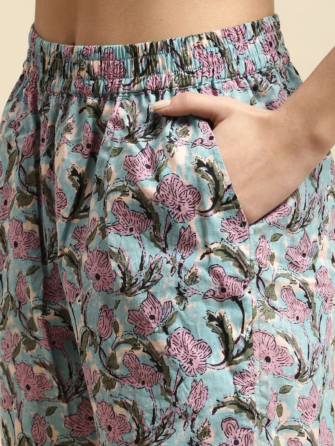 Sky Blue & Purple Sanganeri Floral Print 3-Piece Co-ord Set