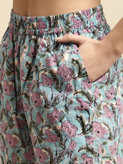 Sky Blue & Purple Sanganeri Floral Print 3-Piece Co-ord Set