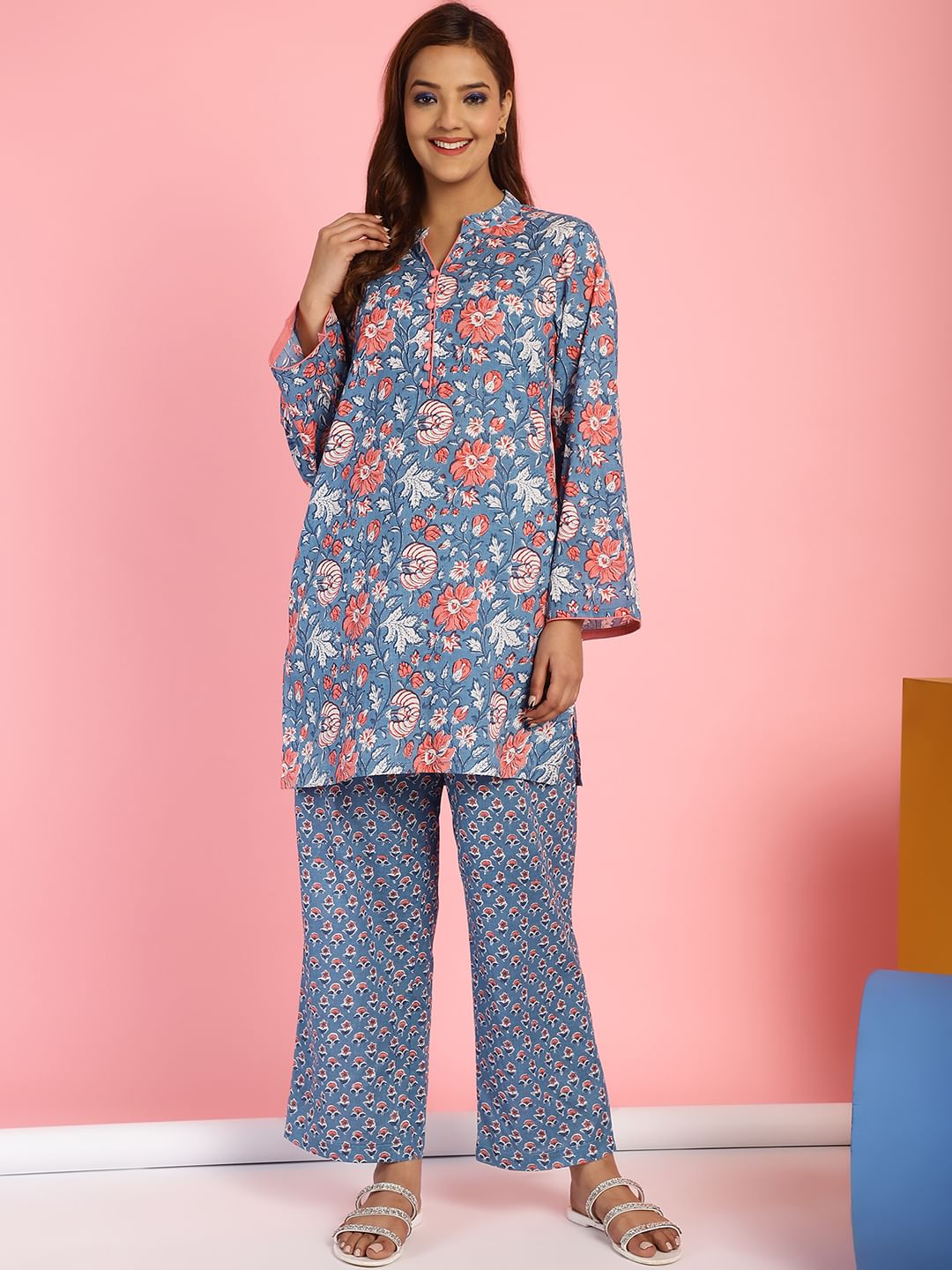 Floral Print Cotton Blue Co-Ord Set