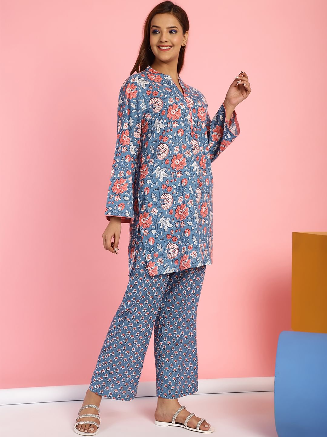 Floral Print Cotton Blue Co-Ord Set