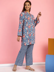Floral Print Cotton Blue Co-Ord Set
