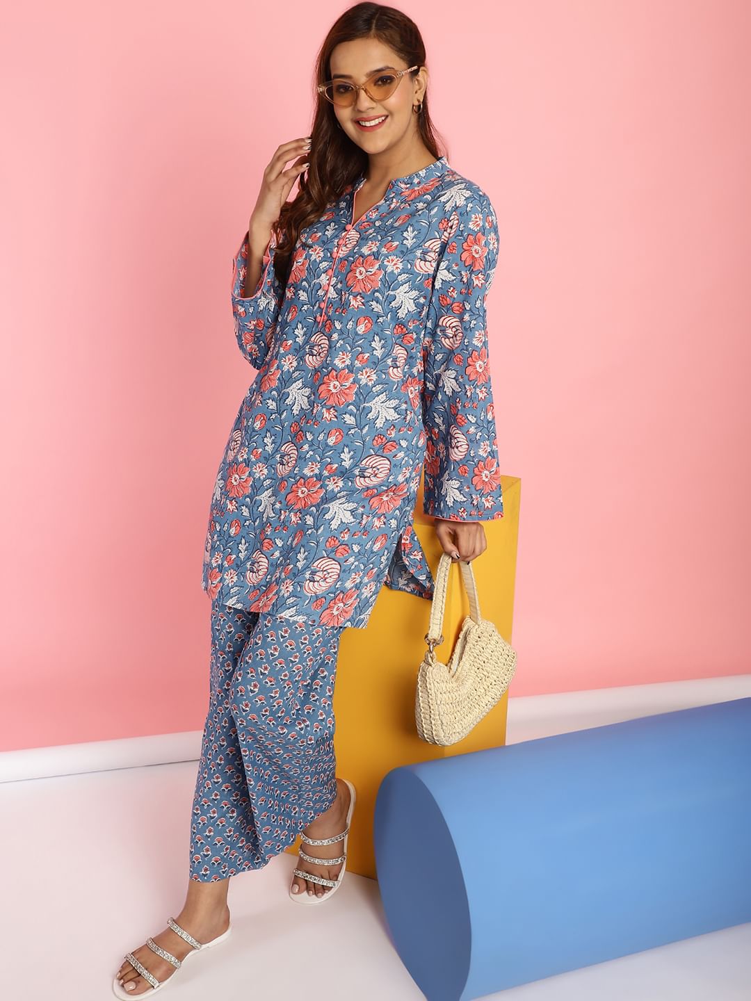 Floral Print Cotton Blue Co-Ord Set