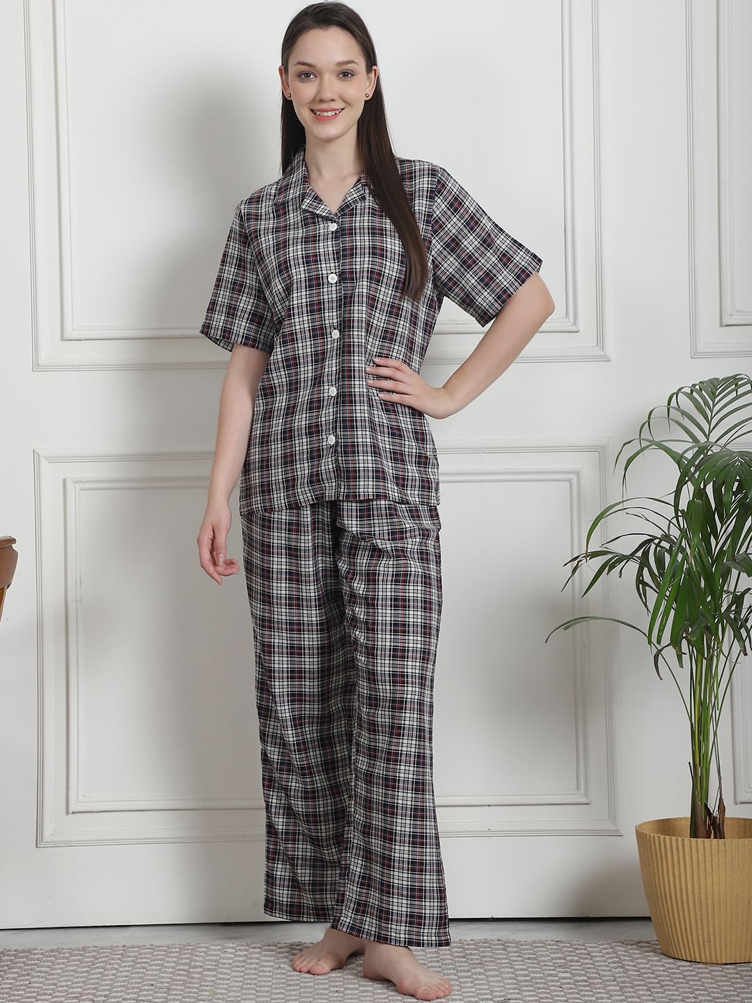 Checkered Black Cotton Night Suit