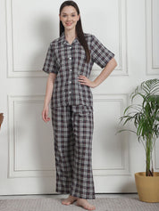 Checkered Black Cotton Night Suit