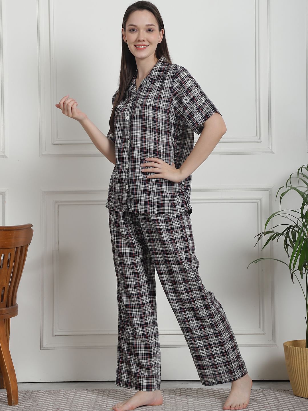 Checkered Black Cotton Night Suit