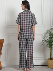 Checkered Black Cotton Night Suit