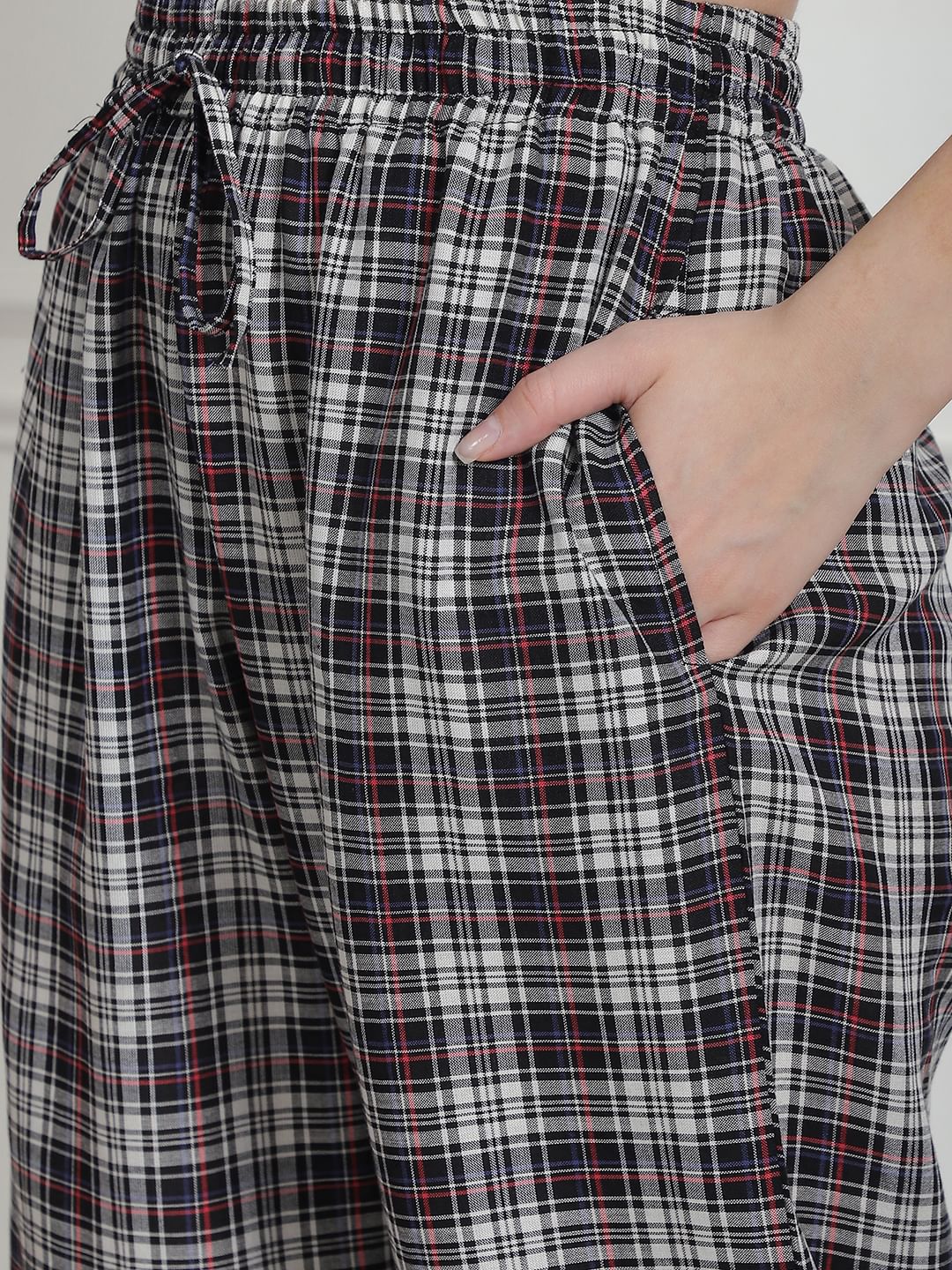 Checkered Black Cotton Night Suit