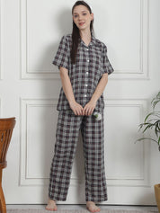 Checkered Black Cotton Night Suit