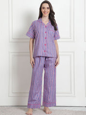 Striped Purple Cotton Night Suit