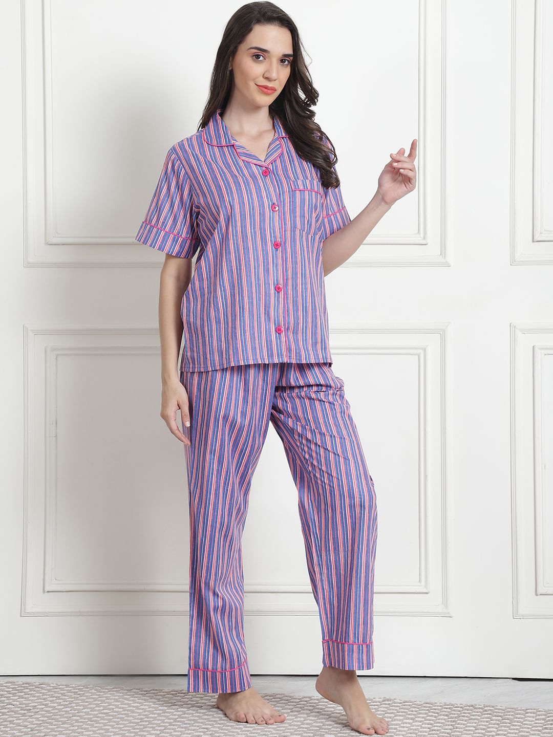 Striped Purple Cotton Night Suit