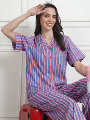 Striped Purple Cotton Night Suit