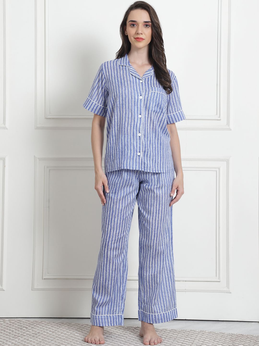 Striped Light Blue Cotton Night Suit
