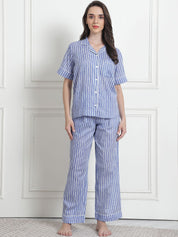 Striped Light Blue Cotton Night Suit