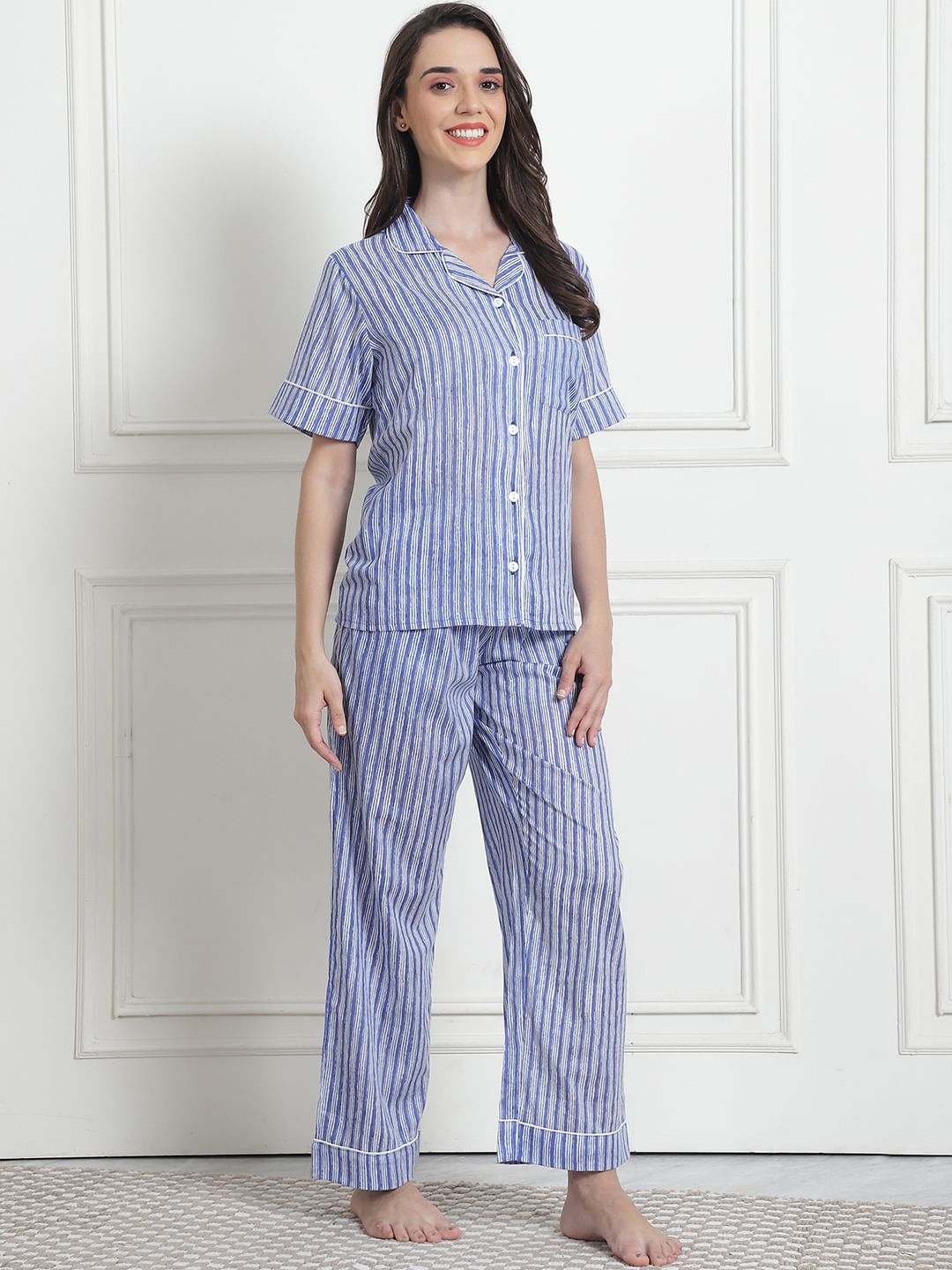 Striped Light Blue Cotton Night Suit