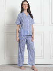 Striped Light Blue Cotton Night Suit