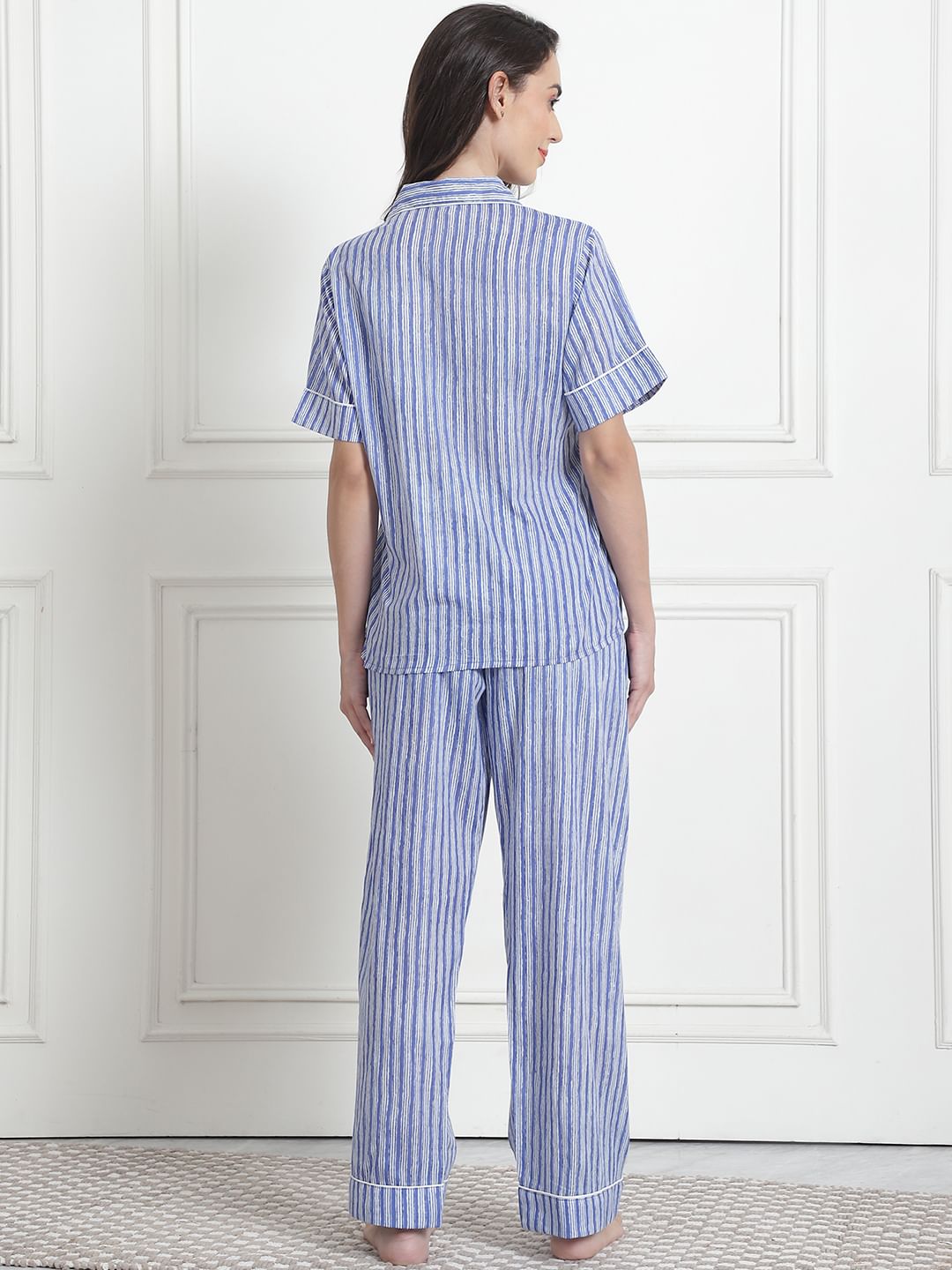 Striped Light Blue Cotton Night Suit