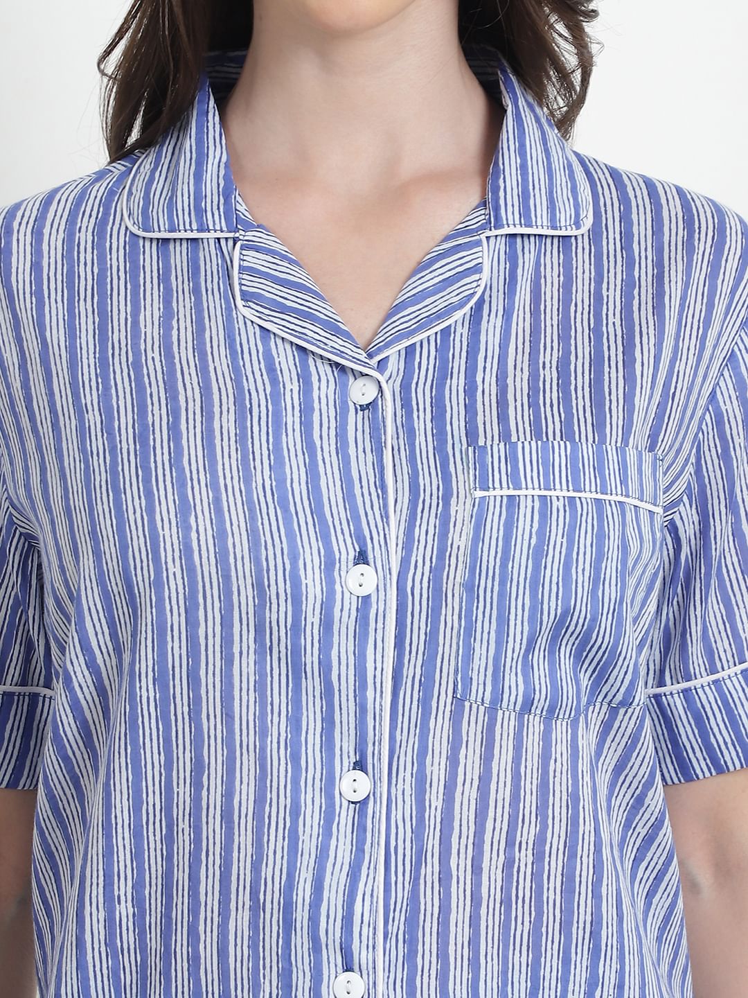 Striped Light Blue Cotton Night Suit