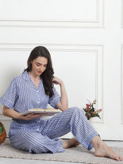 Striped Light Blue Cotton Night Suit