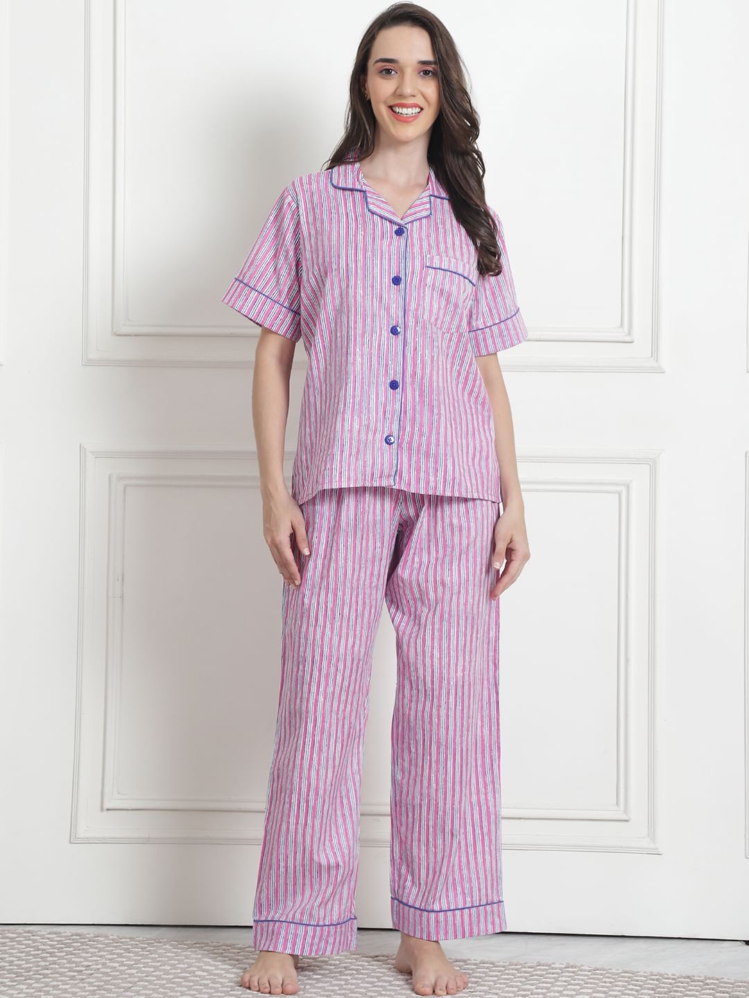 Striped Light Pink Cotton Night Suit