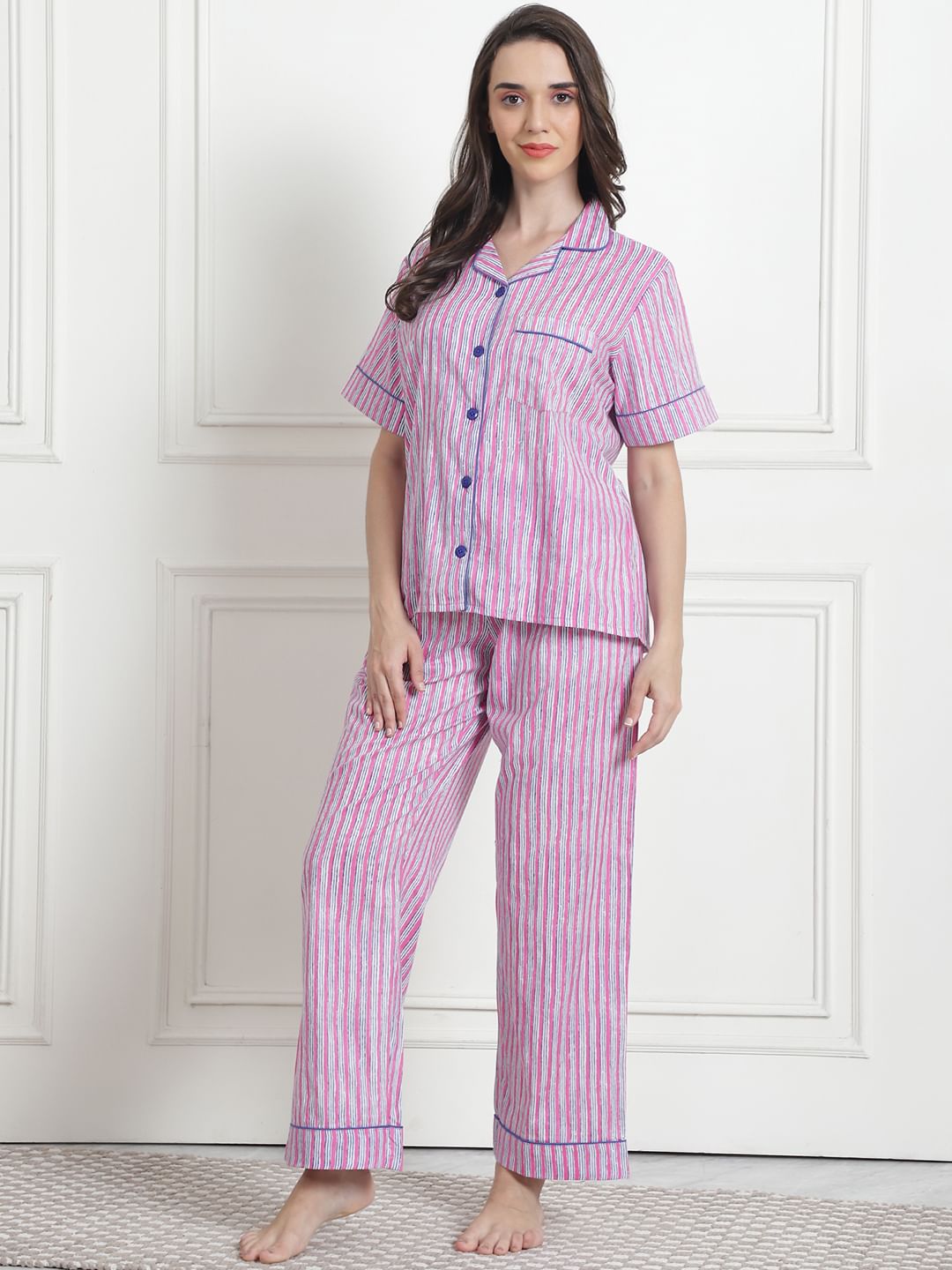 Striped Light Pink Cotton Night Suit