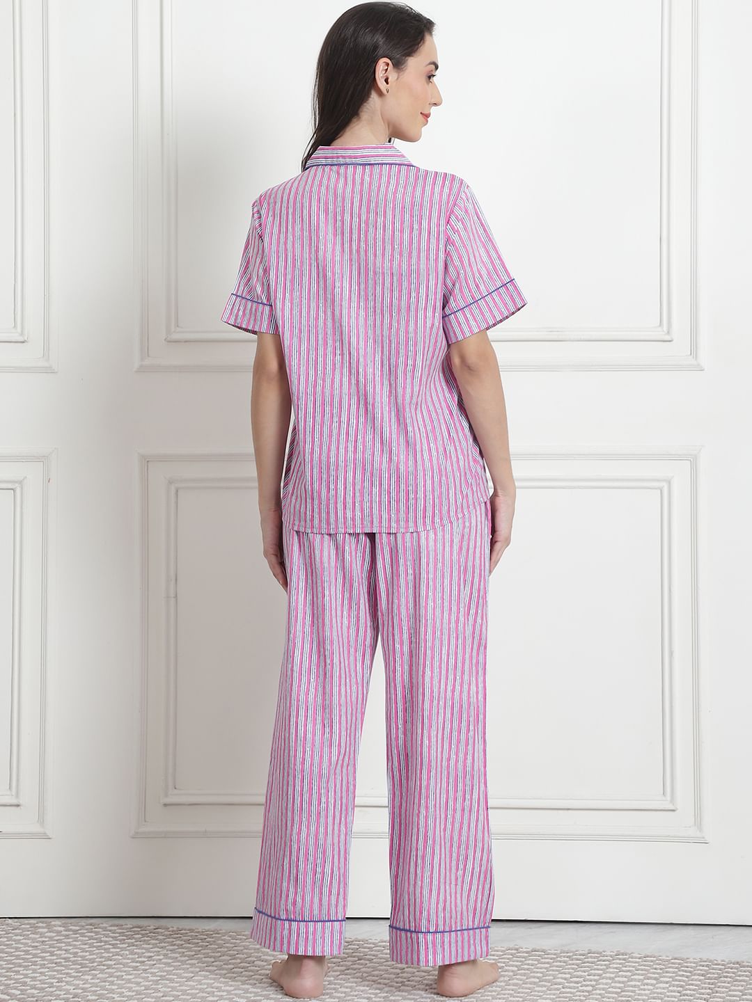 Striped Light Pink Cotton Night Suit