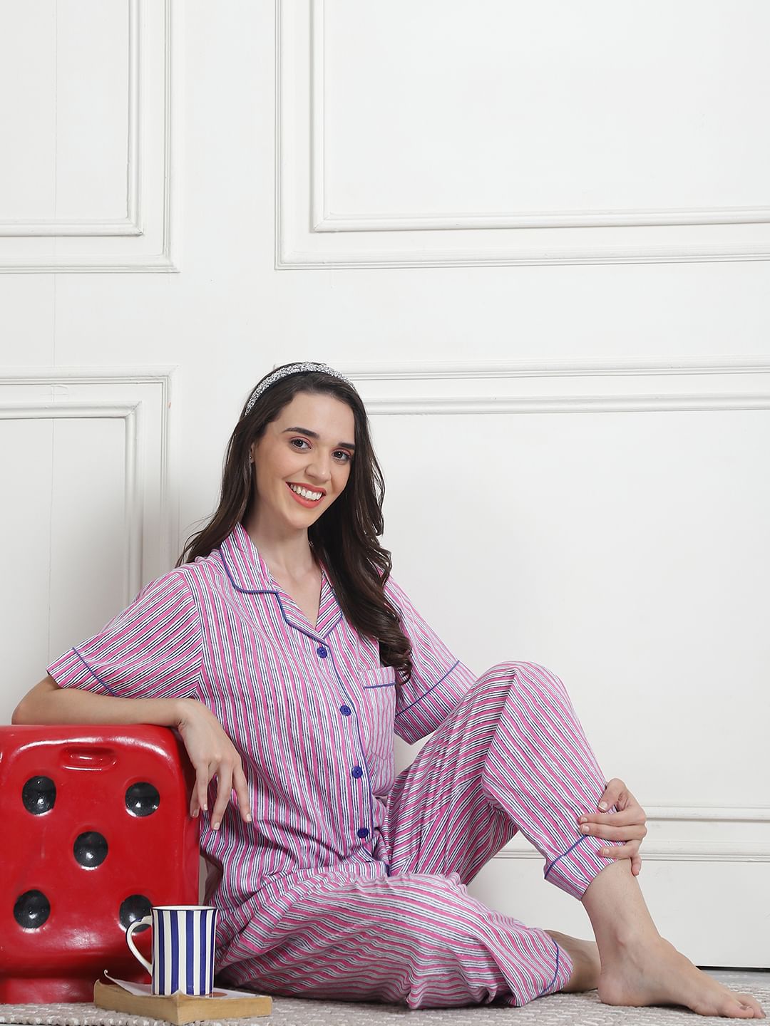 Striped Light Pink Cotton Night Suit