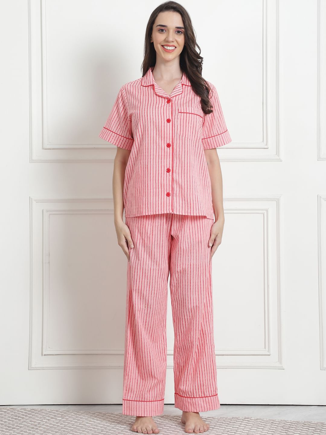 Striped Peach Cotton Night Suit