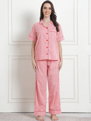 Striped Peach Cotton Night Suit