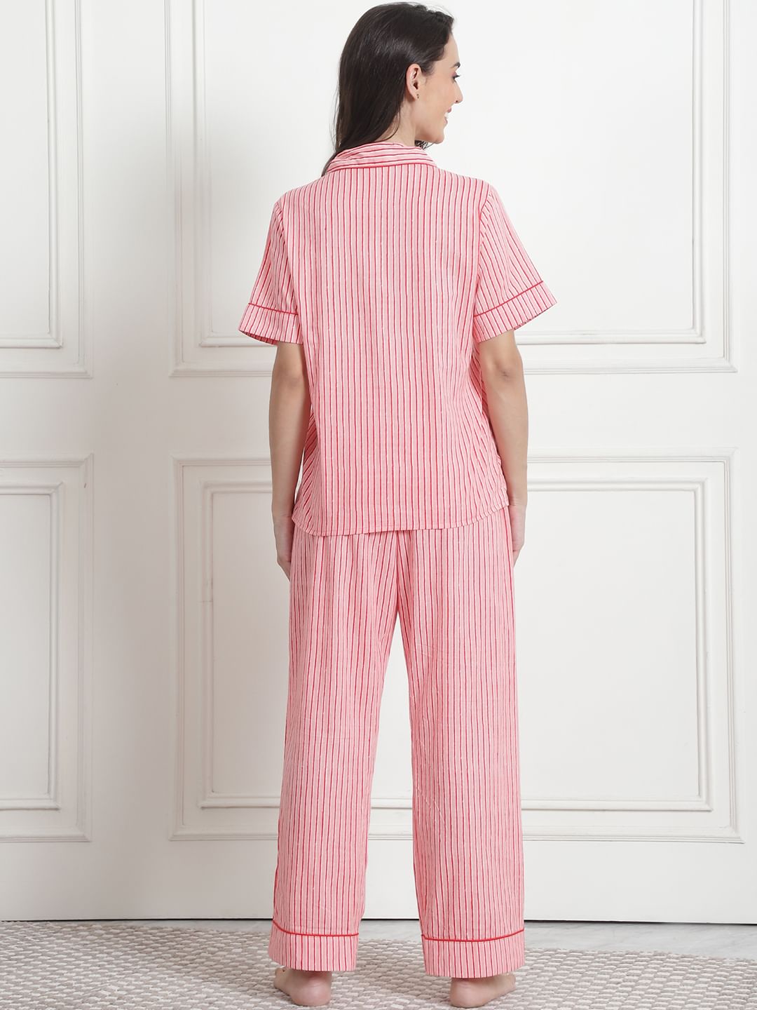 Striped Peach Cotton Night Suit