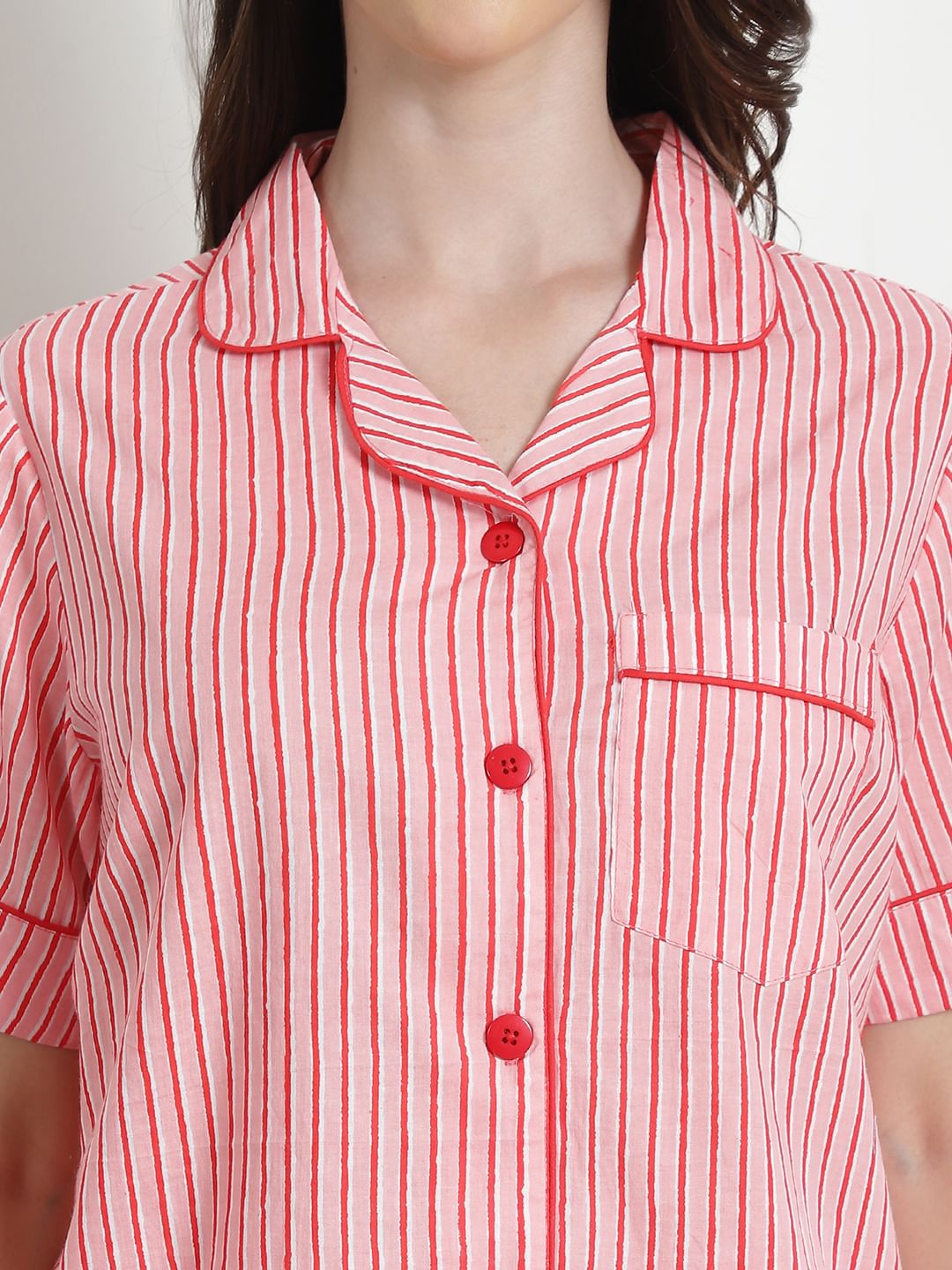 Striped Peach Cotton Night Suit