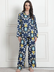 Printed Blue Cotton Night Suit