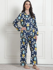 Printed Blue Cotton Night Suit