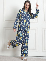 Printed Blue Cotton Night Suit