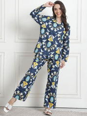Printed Blue Cotton Night Suit