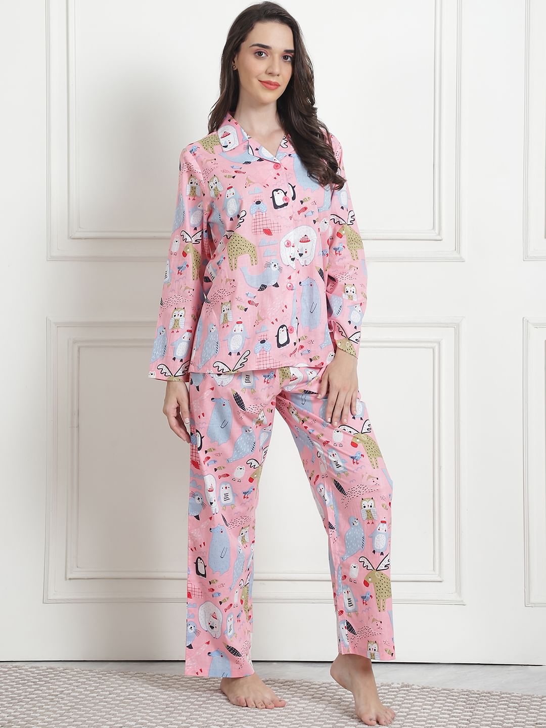 Printed Baby Pink Cotton Night Suit