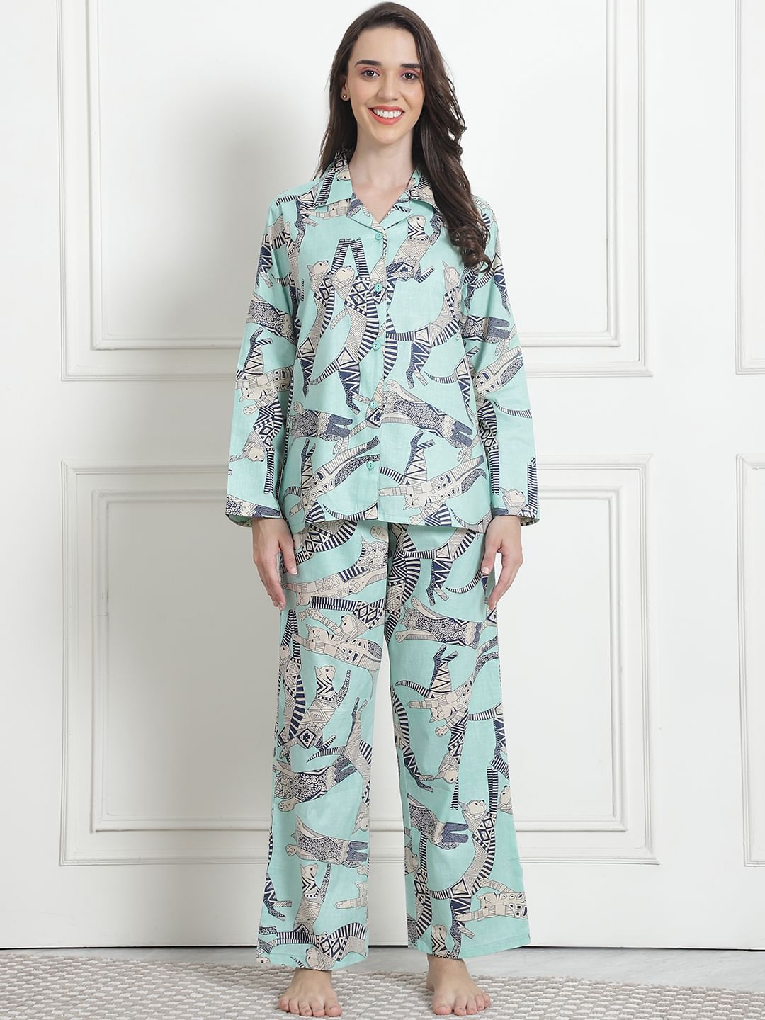 Printed Sea Green Cotton Night Suit