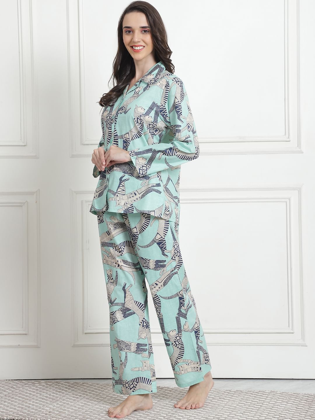Printed Sea Green Cotton Night Suit