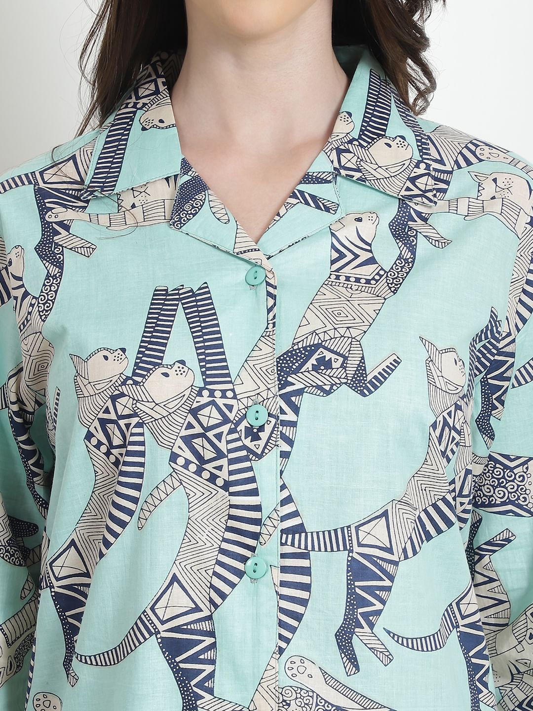 Printed Sea Green Cotton Night Suit