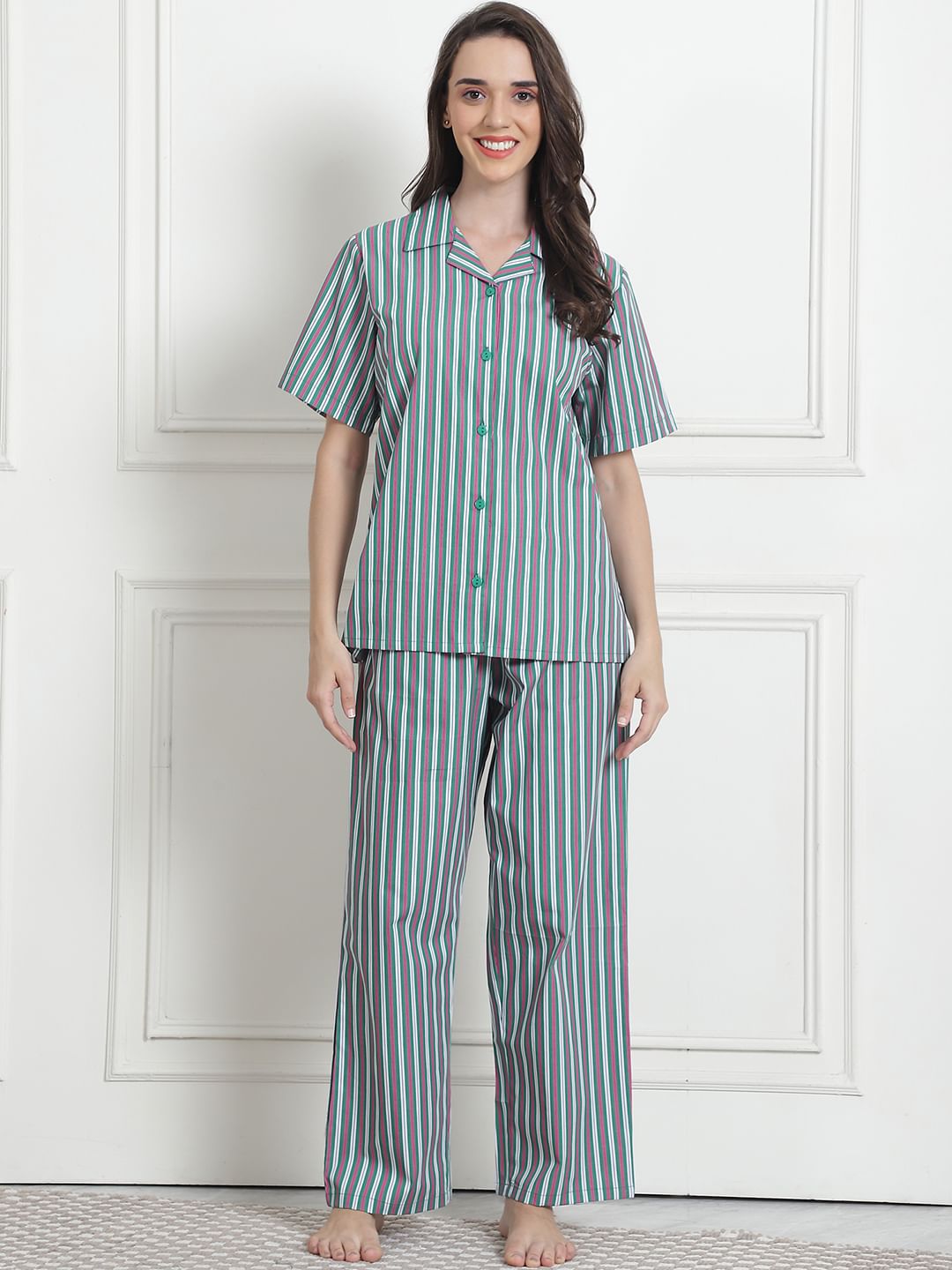Striped Green Cotton Night Suit