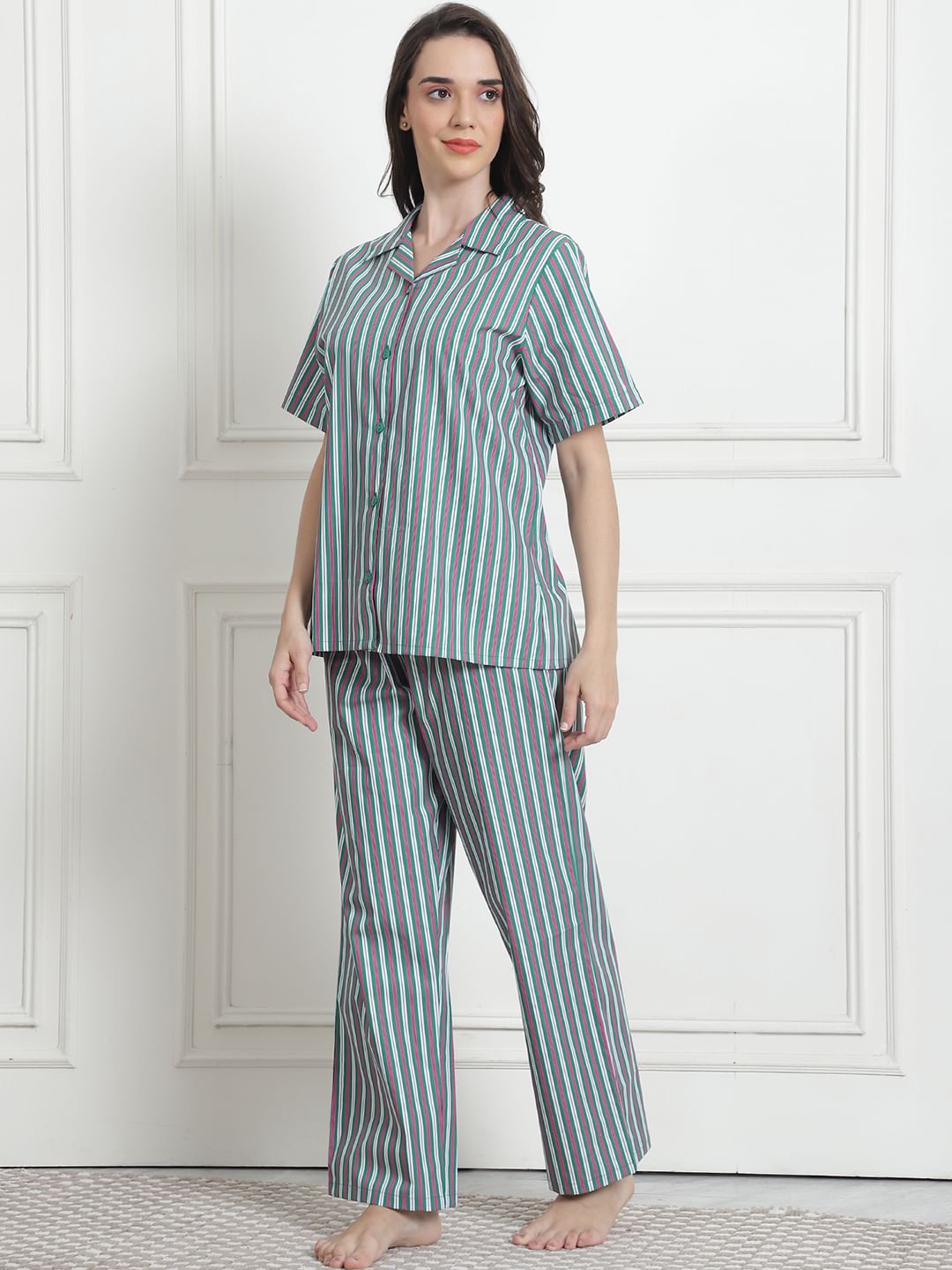 Striped Green Cotton Night Suit