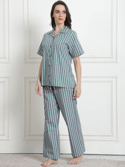 Striped Green Cotton Night Suit