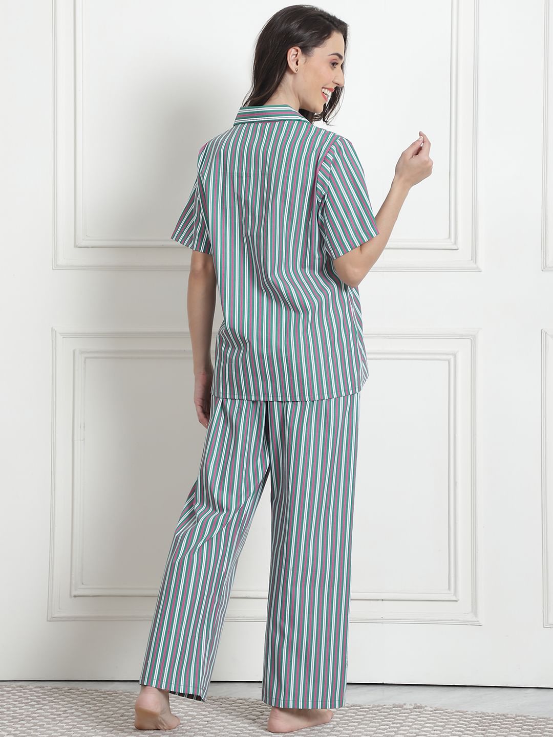 Striped Green Cotton Night Suit