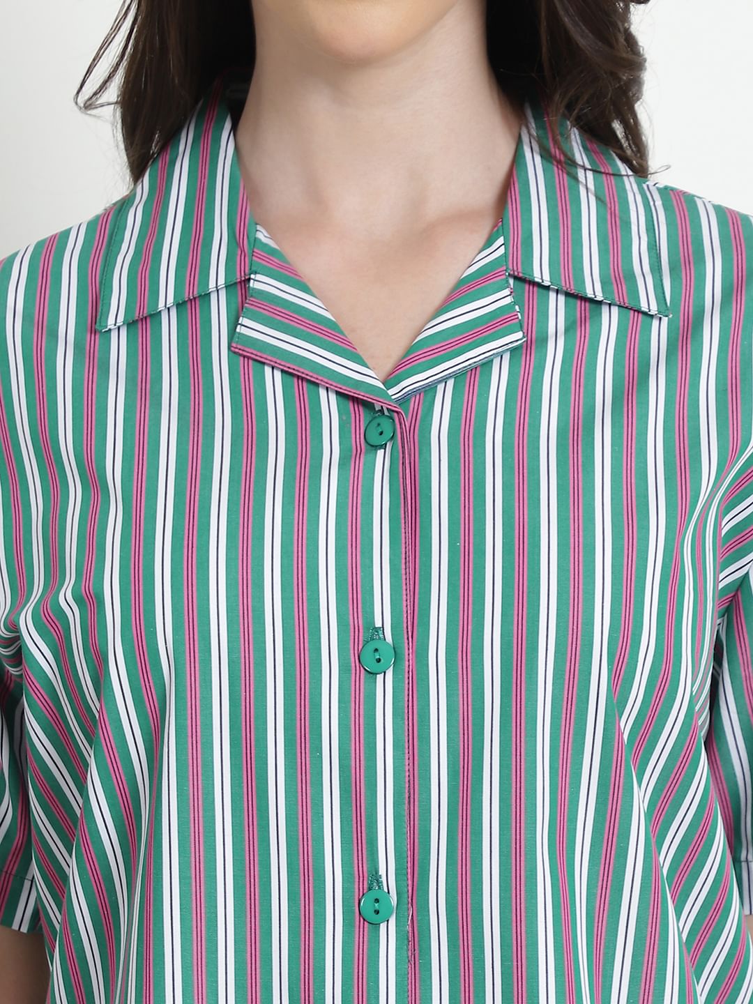 Striped Green Cotton Night Suit