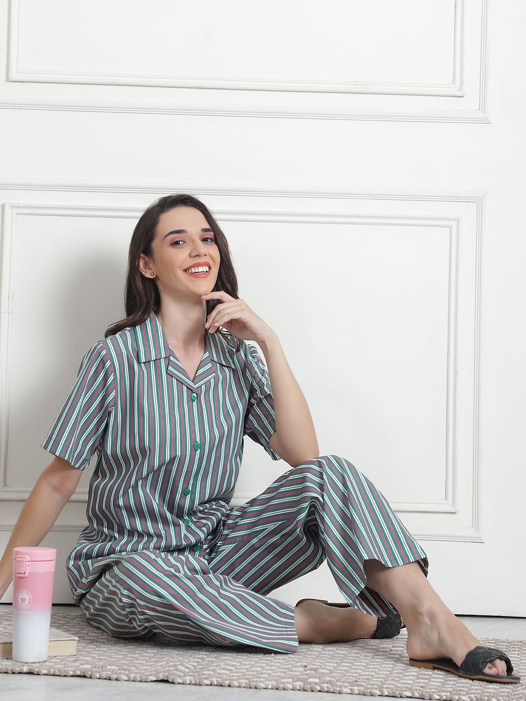 Striped Green Cotton Night Suit