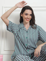 Striped Green Cotton Night Suit