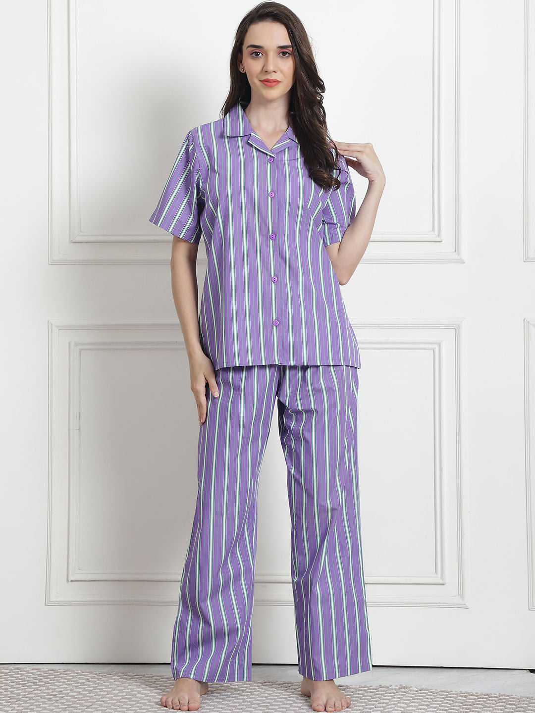 Striped Lilac Cotton Night Suit