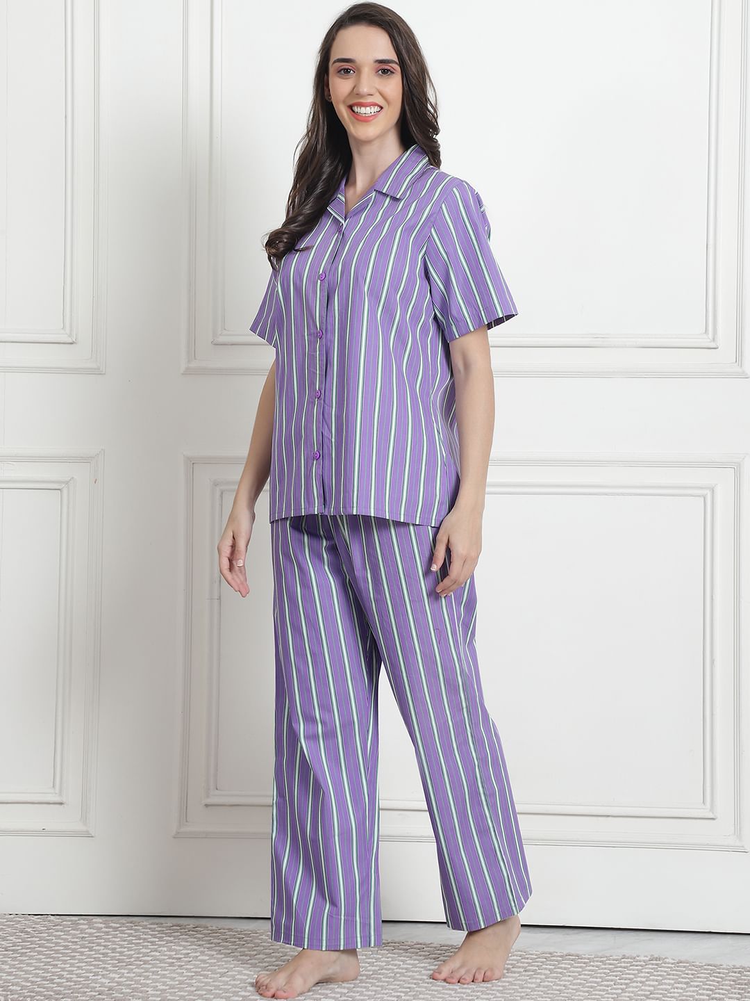 Striped Lilac Cotton Night Suit